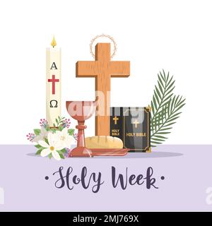 Holy Week. Bread and chalice, cross, palm branches and easter candle. Vector illustration Stock Vector