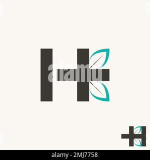 Simple and unique letter or word H sans serif font with red cross and leaves graphic icon logo design abstract concept vector stock nitial or monogram Stock Vector