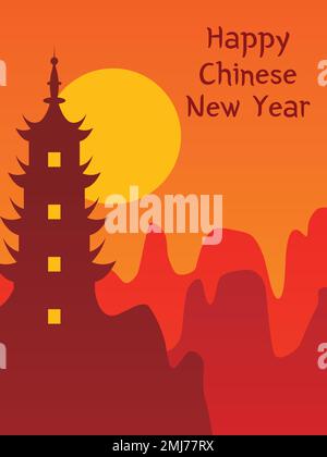 Flat Silhouette of Pagoda with Yellow Moon. Happy Chinese New Year. Vector Illustration Design. Stock Vector