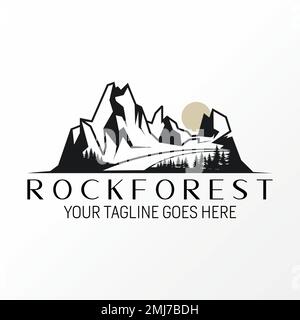 Unique but simple rock mountain with dense forest and bird image graphic icon logo design abstract concept vector stock adventure or landscape Stock Vector