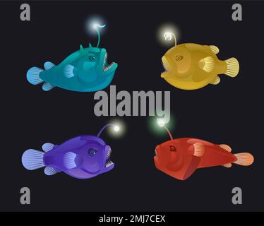 Set of angry toothy anglers with lanterns bait. Vector cartoon detailed illustration of anglerfish. Deep sea fauna. Stock Vector
