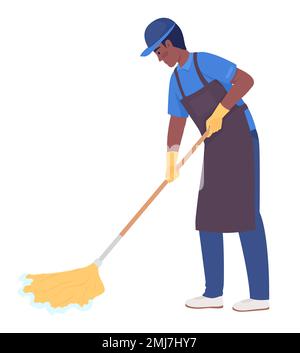 Male housekeeper mopping floor semi flat color vector character Stock Vector