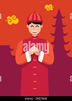 Flat illustration of a Chinese Man Celebrating Lunar New Year Vector Design. Stock Vector