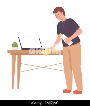 Man cleaning wooden table surface with cloth semi flat color vector character Stock Vector