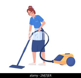 Female housekeeper cleaning with vacuum cleaner semi flat color vector character Stock Vector