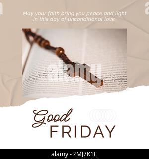 Composition of good friday text with crucifix over book on black background Stock Photo