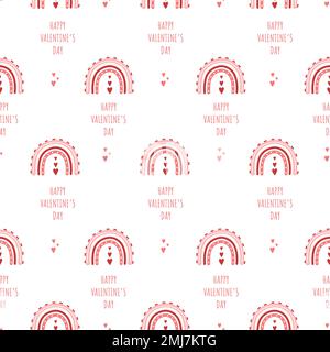 Valentines day seamless pattern with rainbows and hearts. Cute romantic background in boho style. Vector childish illustration for posters, textile Stock Vector