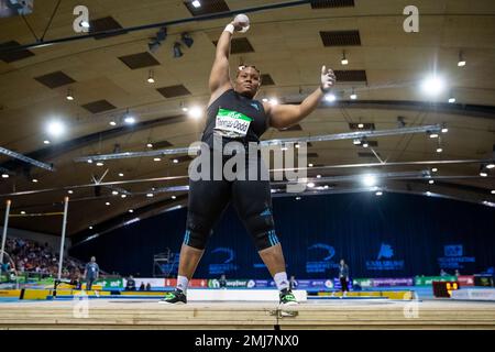 Karlsruhe, Germany. 27th Jan, 2023. Athletics: INDOOR-Meeting Karlsruhe, Danniel THOMAS-DODD from Jamaica in action at the shot put. Credit: Tom Weller/dpa/Alamy Live News Stock Photo