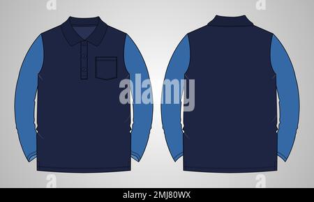 Long sleeve Polo shirt with pocket technical fashion flat sketch vector illustration template front and back views. Stock Vector