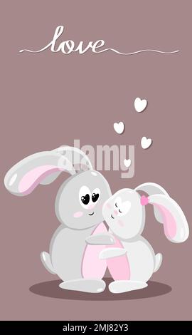 White rabbit hugs. Hearts and an inscription of love on a dark background. Girl and boy. Vertical. Vector. Postcard. Stock Vector