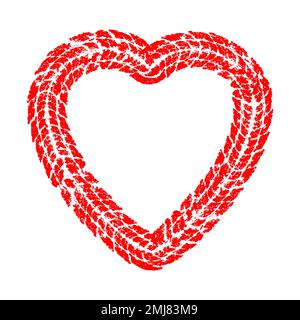 Red tire track in heart form. Vector grunge illustration. Distressed dirty artistic design element for print, template for Valentines day, wedding Stock Vector