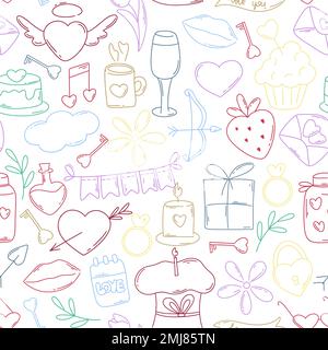 Doodle elements valentines day seamless pattern. Background cute romantic symbols. Print for textile, wallpaper, paper, packaging and design. Flat Stock Vector