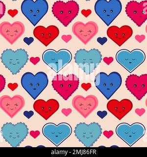 Seamless pattern with pink, red and blue hearts with different emotions and design. Vector retro texture. Smiling heart. Sad heart. Fabric pattern. Stock Vector