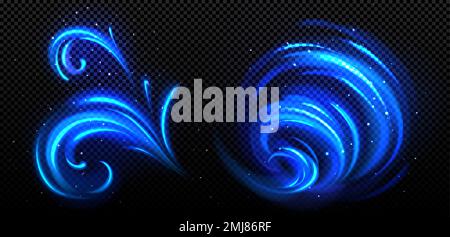 Abstract blue swirl, cold wind motion, twirls and flows. Spiral and curl light lines with sparkles. Effect of winter air vortex, blizzard, vector realistic illustration Stock Vector