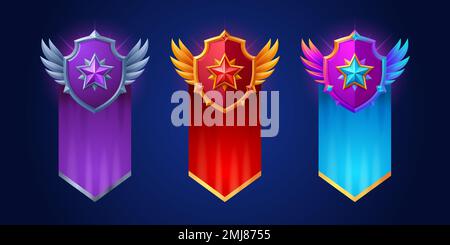 Set of military game rank badges isolated on background. Vector cartoon illustration of shiny metal buttons decorated with star insignia, precious gemstones, wings, flag. Army ranking symbols for gui Stock Vector