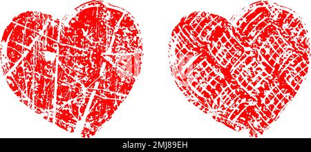 Set of red grunge hearts. Vector illustration. Love shapes. Trendy textured Valentine's Day signs. Distressed dirty artistic design element for print Stock Vector