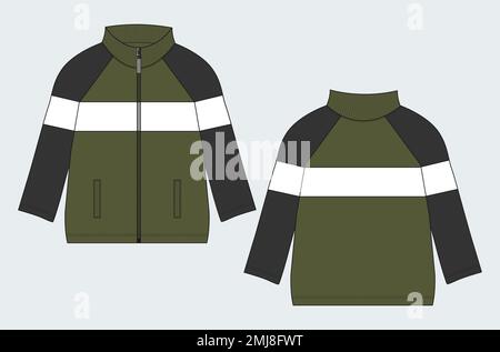 Long sleeve jacket technical fashion flat sketch vector illustration template front, back views. Warm up Apparel sweat jacket mock up. Stock Vector