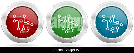 Circuit, technology, chip, processor vector icon set. Red, blue and green silver metallic web buttons with chrome border Stock Vector