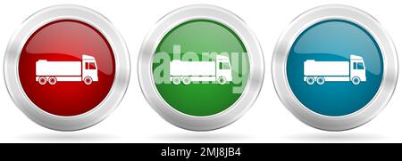 Truck vector icon set. Red, blue and green silver metallic web buttons with chrome border Stock Vector