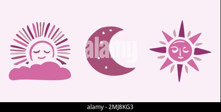 Cute whimsical sun and moon set of vector motifs. Illustration of night and day sky collection for children clipart.  Stock Vector