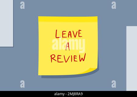 Review the product. Product review and feedback concept. Yellow sticky note message. Paper sign. Stock Vector