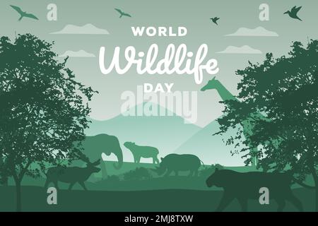 world wildlife day silhouette with animals in the forest Stock Vector