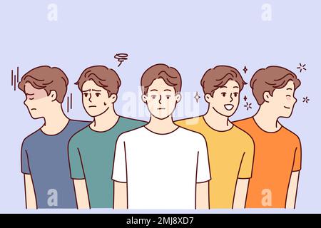 Identical men with positive and negative emotions look in different directions for concept of frequent mood swings. Young guys in colorful casual t-shirts smile or frown. Flat vector illustration Stock Vector