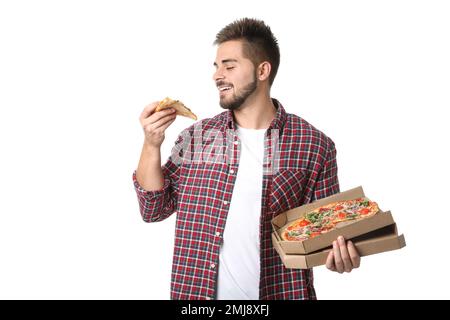 Handsome man with pizza isolated on white Stock Photo