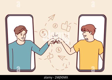 Two men looking out of screens mobile phones greet each other with fists talking at distance. Metaphor of messaging in social networks and internet messengers in smartphone. Flat vector image Stock Vector