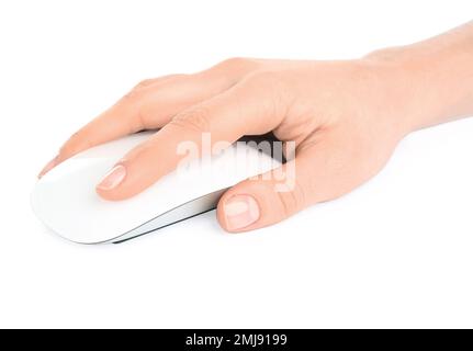 Woman using modern wireless optical mouse isolated on white, closeup Stock Photo