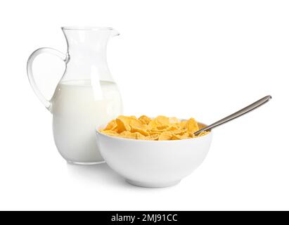 Milk and corn flakes on white background Stock Photo