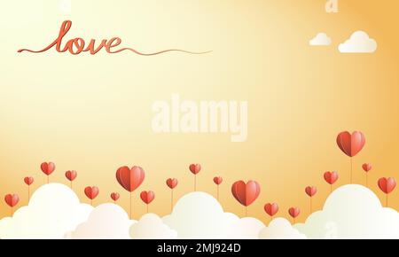 Yellow background for Valentine's Day card with paper hearts growing out of clouds. Vector. Template. Postcard. Invitations. Stock Vector