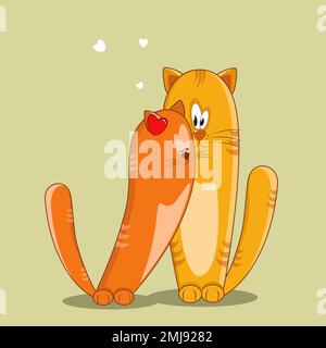 Red cats are cute on a green background. A girl and a boy. Hearts. Vector. Stock Vector