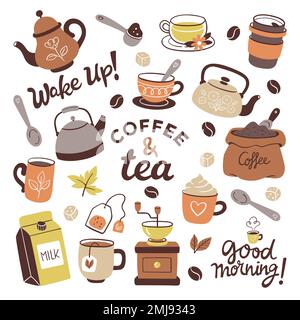 Collection of coffee and tea products. Colorful cliparts of teapots, cups, coffee, herbal teas... Isolated objects on a white background. Stock Vector