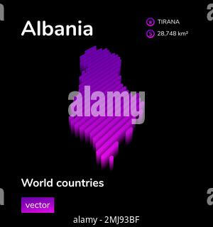 3D Map of Albania. Stylized neon digital isometric striped vector map in violet, pink colors on the black background. Educational banner, poster, flye Stock Vector