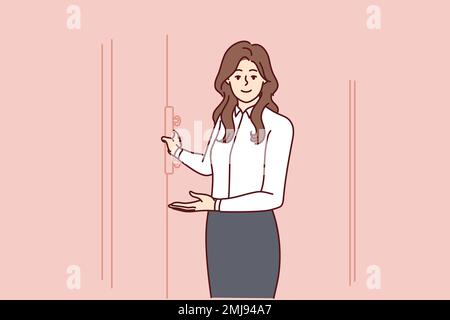 Hospitable woman secretary opens door invites visitors to come into office. Hostess girl in white shirt and skirt points to entrance recommending visit to good restaurant. Flat vector design  Stock Vector