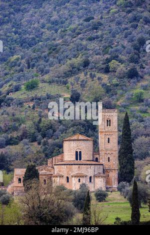 Abbey of Sant Antimo or Abbazia di Sant Antimo, a former Benedictine monastery in the Val d'Orcia in Tuscany, Italy. Stock Photo