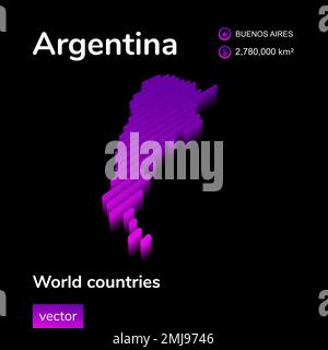 Argentina 3D map. Stylized striped digital neon isometric vector Map of Argentina is in violet colors on black background Stock Vector