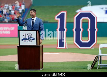 A mannequin wears the jersey of retired Texas Rangers player Michael Young  during a news conference in Arlington, Texas, Tuesday, June 18, 2019. The  Rangers announced Tuesday that the team will retire