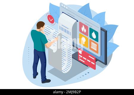 Isometric Online Bill Payment. Home Utilities Bill Payment Services Concept. Gas, Water, Electricity Supply. Save energy, pay utility bills Stock Vector