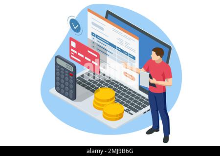 Isometric Online Bill Payment. Home Utilities Bill Payment Services Concept. Gas, Water, Electricity Supply. Save energy, pay utility bills Stock Vector