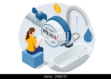 Isometric invoice, payment for cold and hot water. Utility bills and saving resources concept. Utility bills payment. People paying utility, and Stock Vector
