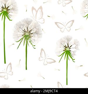 Seamless pattern dandelions on a white background. Background for creating textiles, fabrics, paper, wallpapers. Vector illustration. Stock Vector