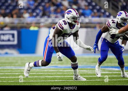 Buffalo Bills defensive end Mike Love walks off the field after a preseason NFL  football game against the Denver Broncos in Orchard Park, N.Y., Saturday,  Aug. 20, 2022. (AP Photo/Adrian Kraus Stock