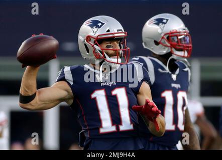 New England Patriots wide receiver Gunner Olszewski (80) warms up before  taking on the New York Giants in an NFL preseason football game, Sunday,  Aug. 29, 2021, in East Rutherford, N.J. (AP