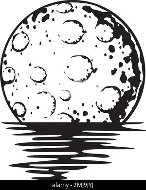 Full Moon Reflecting Over the Sea or Ocean. Black and White Vector Illustration. Stock Vector