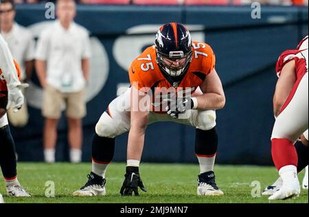 Denver Broncos offensive tackle Quinn Bailey (75) runs during a practice  session in Harrow, England, Thursday, Oct. 27, 2022. The Denver Broncos  will play the Jacksonville Jaguars in an NFL regular season