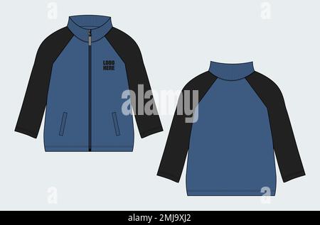 Long sleeve jacket technical fashion flat sketch vector illustration template front, back views. Warm up Apparel sweat jacket mock up. Stock Vector