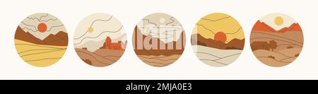 Rural landscapes in circles. Mountains, fields and meadows. Sky, sun and hills. Vector minimalistic illustrations in pastel colors for stickers, print Stock Vector