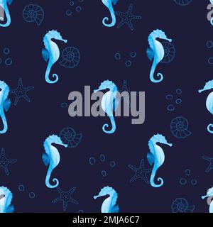 Watercolor blue seamless pattern with sea horses and starfishes. Vector sea background. Stock Vector